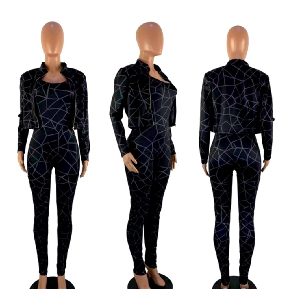 Sexy Bodycon Jumpsuit with Zipper jacket 2pcs Set